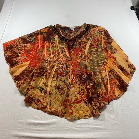 Chico’s Blouse Woman’s 3X Butterfly Style Sleeves Fun Print Earth tone color Top - Picture 3 of 11